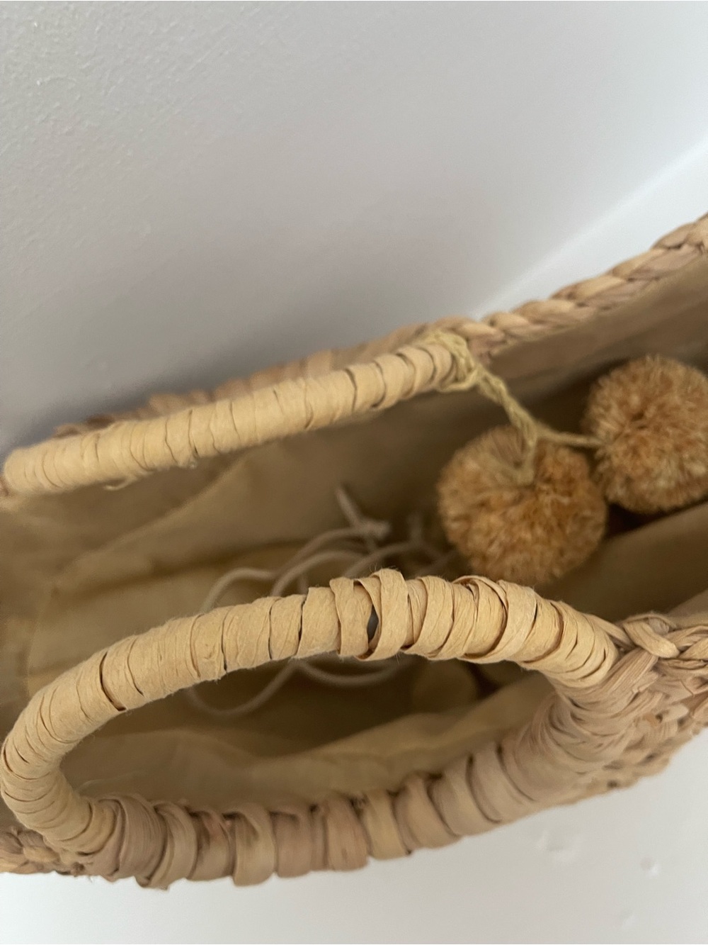 Woven Straw Tote Bag with Pom Pom Accent - Natural - Picture 4 of 8